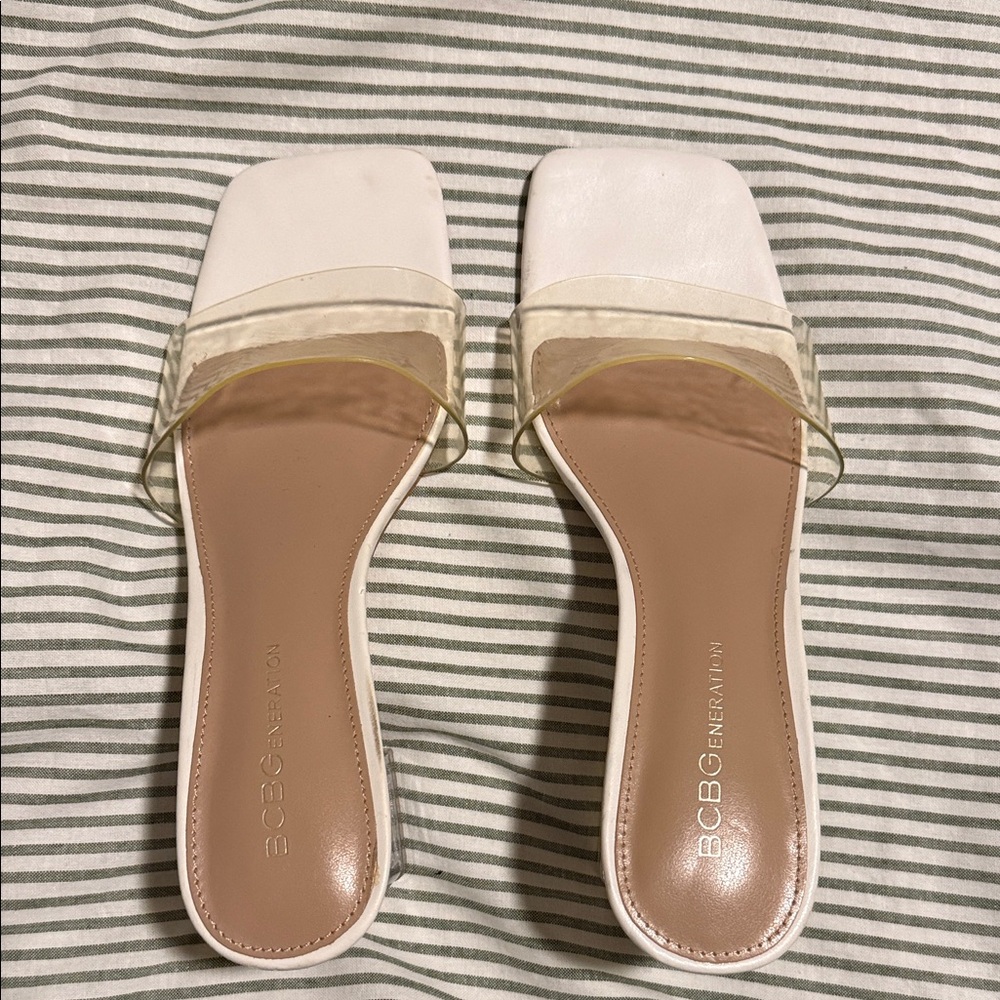 BCBGeneration White Slide Sandals with Clear Strap
